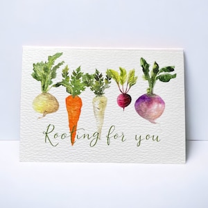 Torcendo por você, cartão de apoio e incentivo, você conseguiu, cartão de você consegue, aquarela, raiz de vegetais, jardinagem, trocadilho com vegetais