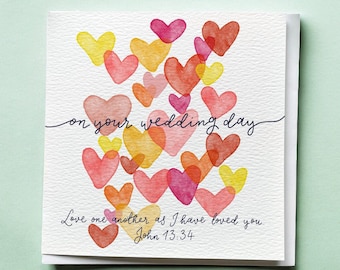 Christian Wedding card with scripture verse, watercolour hearts in red, orange and yellow