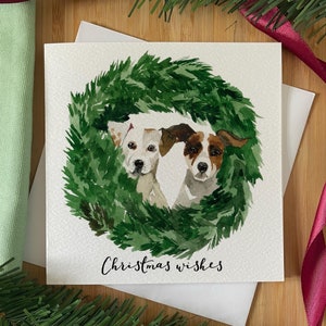 Weihnachtswünsche Luxus Karte, Weihnachtskarte von den Hunden, Weihnachtskarte für Hundeliebhaber, Jack Russel und Spaniel mit Kranz