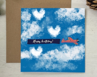 Happy birthday card with propeller aeroplane banner plane, birthday card for boys