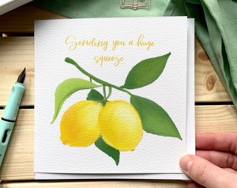 Friendship hug greeting card “Sending you a huge squeeze” with lemon illustration