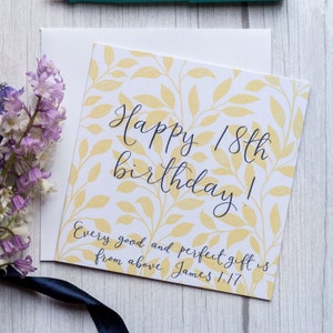 Carte chrétienne du 18e anniversaire avec un verset des Écritures - Jacques 1:17 - chaque cadeau bon et parfait vient d'en haut
