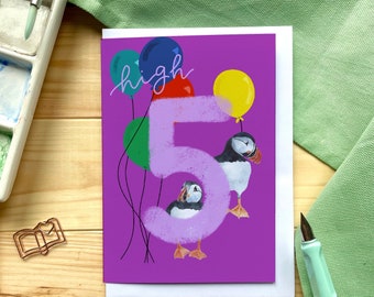 Fifth birthday card “high 5” with puffins, balloons and big number five