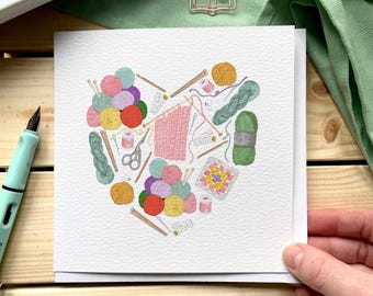 Knitting & Crochet Heart Card, Greeting Card for Yarn Lover