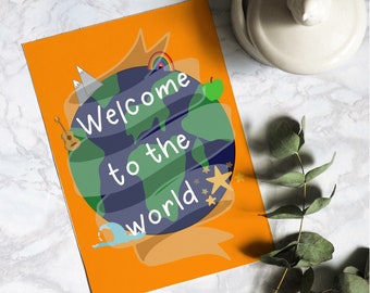 Welcome to the world new baby card, A6 gender neutral newborn card, bright illustrated planet