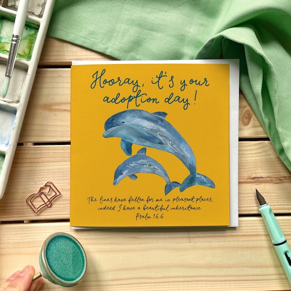Christian adoption card, bright card with scripture verse and watercolour illustration of dolphins