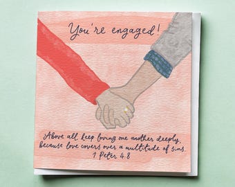 Christian Engagement Card, Illustrated with Bible Verse, Encouraging Scripture Congratulations Card