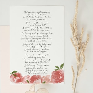 Impresión de arte de pared cristiano, Dios se mueve de una manera misteriosa, regalo de caligrafía, decoración del hogar escrita a mano, poema, himno de fe