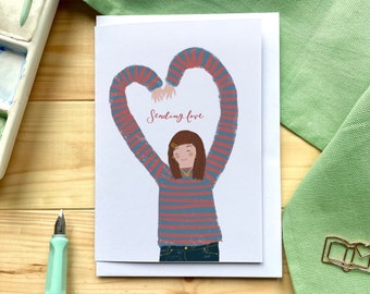 Sending love illustrated card, sending hugs card, blank inside card for friend, sympathy card, send hugs in the post card for girl friend