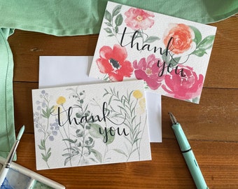 Set of thank you cards - watercolour botanical and floral designs with leaves, flowers, peonies, poppies and wildflowers