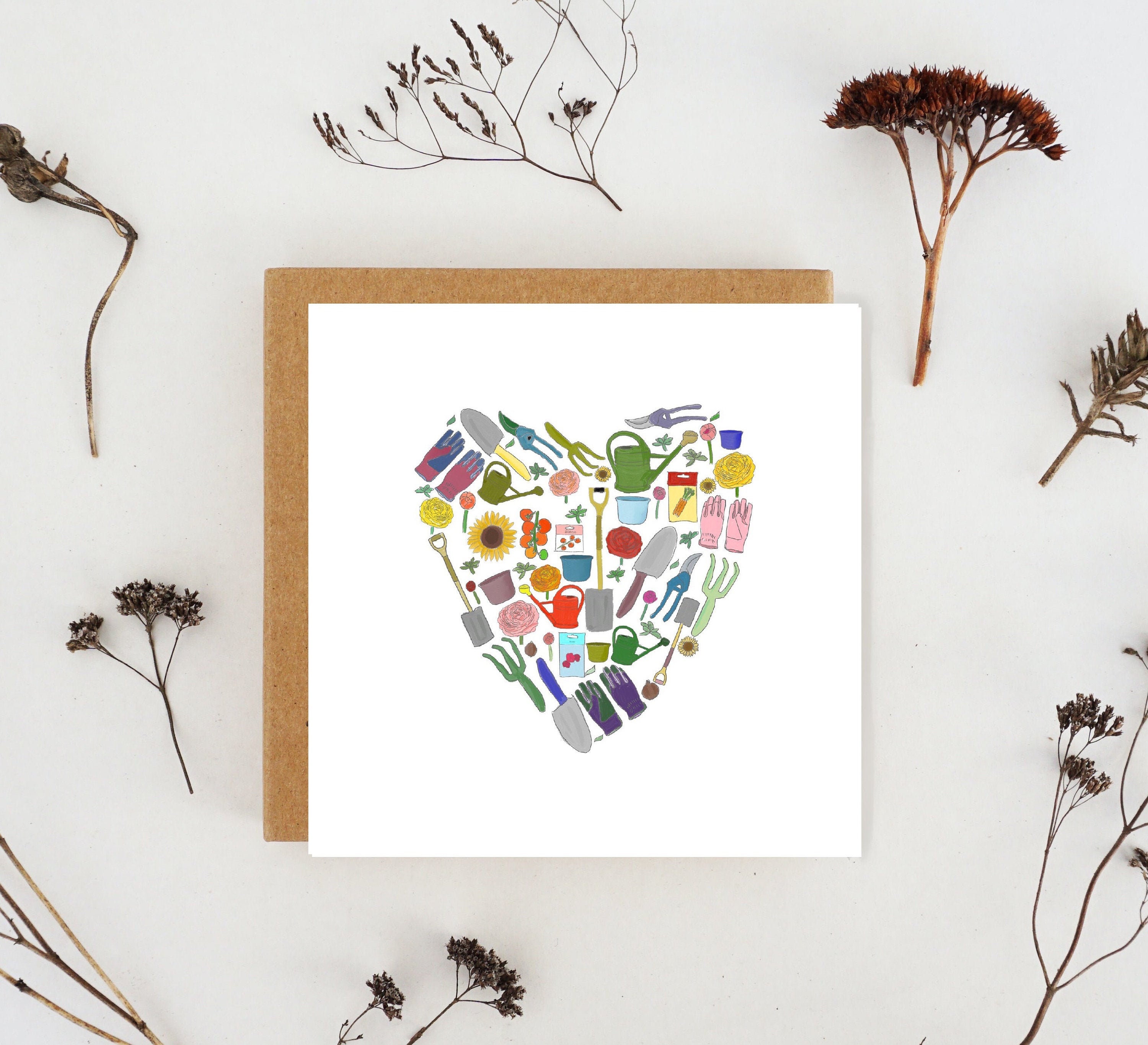 Gardening themed heart square card for a gardener