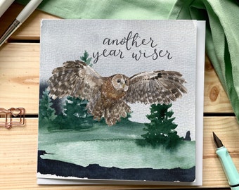 Owl birthday card - Another year wiser