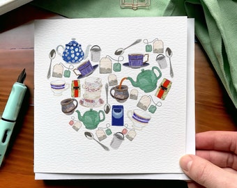 Tea heart card, birthday card for tea lover, cuppa brew anniversary or just because luxury greeting card