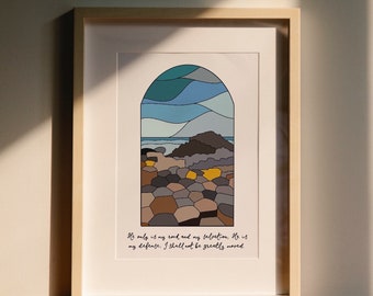 Christian Northern Ireland wall art print, Giants Causeway stained glass A4 print, North Coast with hand lettered scripture verse