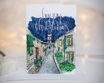 Christmas card printed with festive winter Edinburgh watercolour illustration