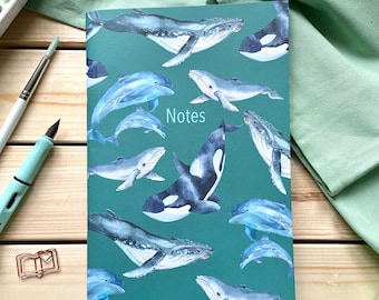 Ocean mammals lined notebook, whale, dolphin, orca A5 lined journal