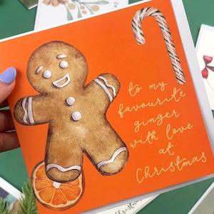 Ingwer Weihnachtskarte mit Liebe zu meinem Lieblings-Ingwer, ungewöhnliche Lebkuchenmann lustiger Freund Weihnachtskarte, orange Karte