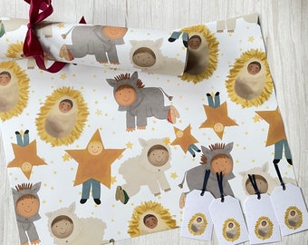 Nativity play Christmas wrapping paper for children - kids Christmas gift wrap and gift tags - Christian wrapping paper nativity religious