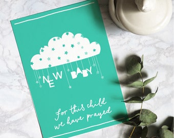 New baby card, for this child we have prayed, Christian card, paper-cut newborn baby card, rainbow baby, adoption card, turquoise unisex