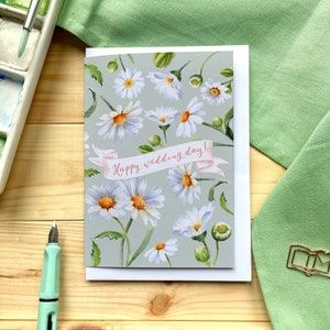 Cartão de feliz dia do casamento, margaridas aquarela verde-sálvia, lindas e elegantes