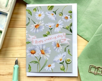 Happy wedding day card, sage green watercolour daisies, beautiful elegant classy