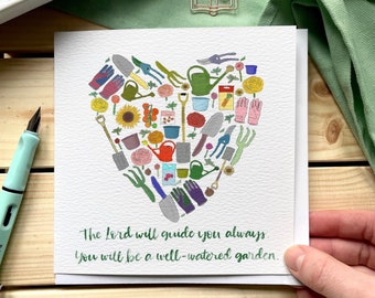 Christian encouragement card, Mother’s Day card with scripture, garden themed with hand lettered Bible verse from Isaiah 58:11