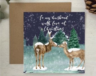 Husband Christmas card - to my husband with love at Christmas deer stag woodland card