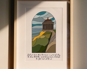 Christian Northern Ireland wall art print, Mussenden Temple stained glass A4 print, North Coast with hand lettered scripture verse