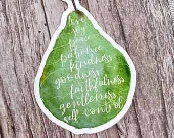 Fruit of the Spirit Sticker: Hand Lettered Pear, Christian Verse