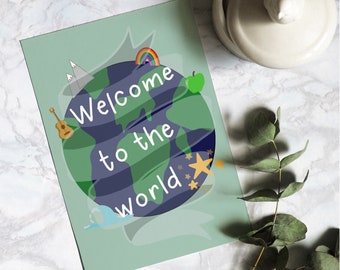 New baby card, Welcome to the world planet earth mint green newborn card, A6 birth card