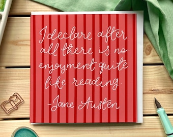 Bookish Greeting Card, Jane Austen Quote, Bright Stripy Red and Pink Card