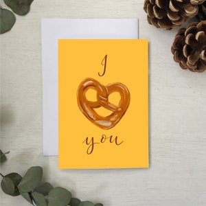 Te quiero, te amo, pretzel horneado, tarjeta amarilla del Día de la Madre de panadería, tarjeta de aniversario, tarjeta de amor romántico