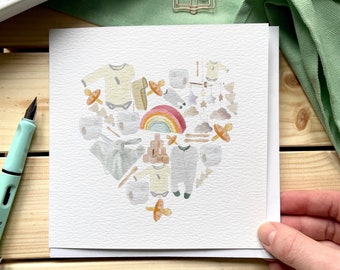 New baby card - heart shaped neutral baby items to welcome a new baby, celebrate a baby shower or a rainbow baby