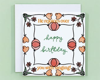 Christian Birthday Card – Zephaniah 3:17 Scripture, Heart Balloons