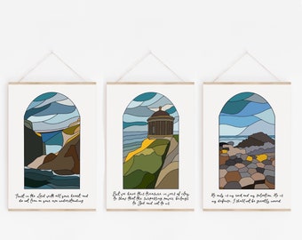 Northern Ireland set of 3 faith wall art prints, North Coast stained glass A4 prints, Christian hand lettered scripture verse