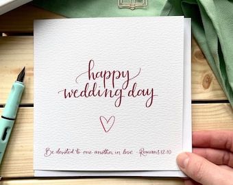 Christian wedding card, happy wedding day with scripture verse be devoted to one another in love, Romans 12:10