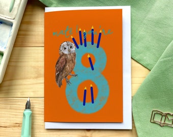 Eighth birthday card “mate you're 8” with owl, candles and big number eight