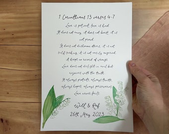 Hand lettered scripture with wedding couple details and date - christian personalised wedding gift with  bible verse & watercolour florals