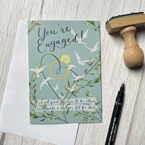 Christelijke verlovingskaart met schrifttekst uit de Bijbel. Je bent verloofd! Religieuze christelijke kaart
