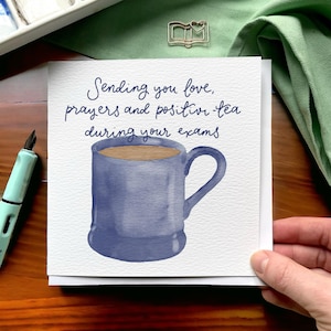 Carte d'amour et de prières chrétiennes pendant les examens, envoi de messages positifs et de tasses de thé ainsi que soutien par la prière.