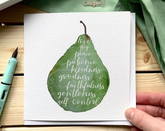 Christian greeting card, hand lettered Fruit of the spirit with a watercolour pear