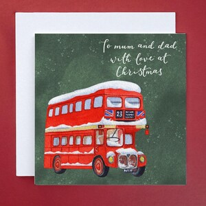 Tarjeta de Navidad para mamá y papá: para mamá y papá con amor en Navidad, elegante autobús londinense de acuarela, tarjeta festiva británica