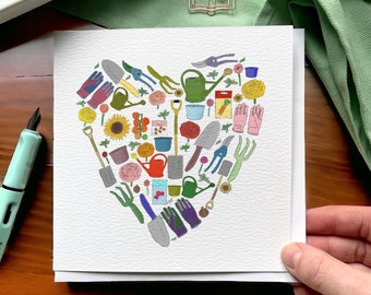 Gardening heart card, birthday card for gardener, garden lover card