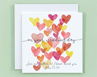 Christian Wedding Card With Scripture Verse, Watercolour Hearts In Red, Orange And Yellow