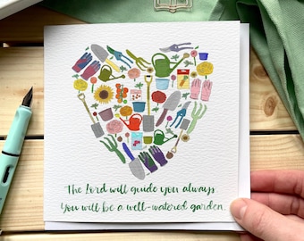 Christian card for gardener with scripture, garden themed with hand lettered Bible verse from Isaiah 58:11