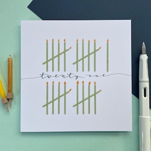 Cartão de 21º aniversário, velas divertidas e fofas para contagem de marcos, cartão de 21º aniversário