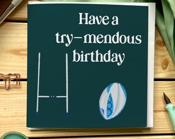 Rugby birthday card with a pun and illustrated rugby ball and goal posts