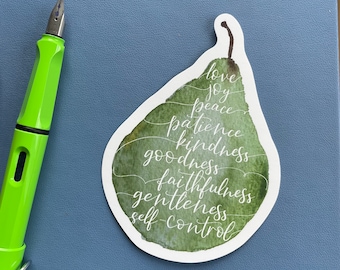 Christian Sticker - Fruit of the Spirit hand lettered and watercolour pear vinyl waterproof sticker, scripture verse