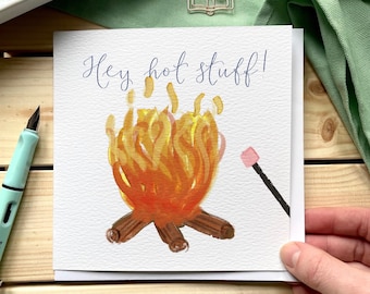 Hey hot stuff card - romantic adventure marshmallow roasting card for husband, finance or boyfriend