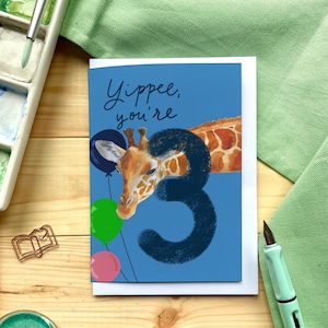 Giraffe 3rd Birthday Card: Watercolour Balloons, Animal Theme